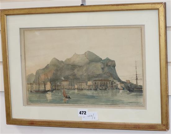 19th century English School, watercolour, View of Gibraltar, 23 x 37cm